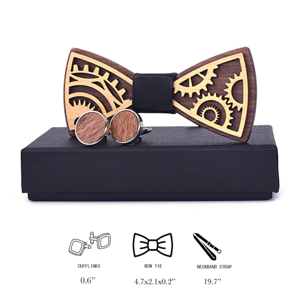 Wooden Gear Bow Tie w/ Cufflinks Set - Picture 8 of 8